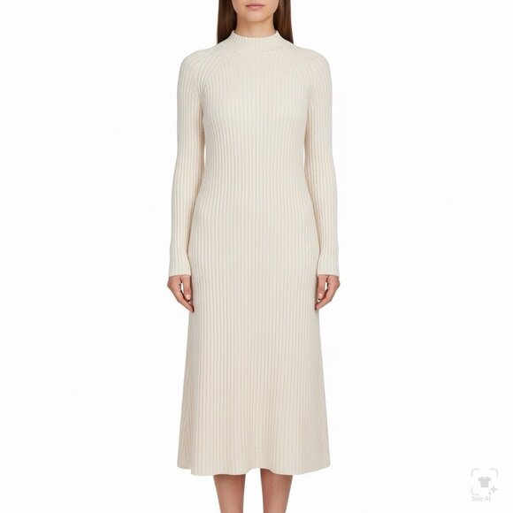 Queens Street Womens Cream Ribbed Knit Long Sleeve Midi Sweater Dress Size OS - Picture 10 of 10